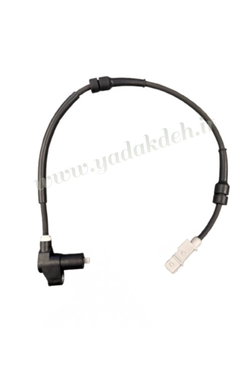 حسگر سرعت چرخ خودرو، با یک بدنه سیاه رنگ و یک کابل که به یک سوکت سفید متصل است