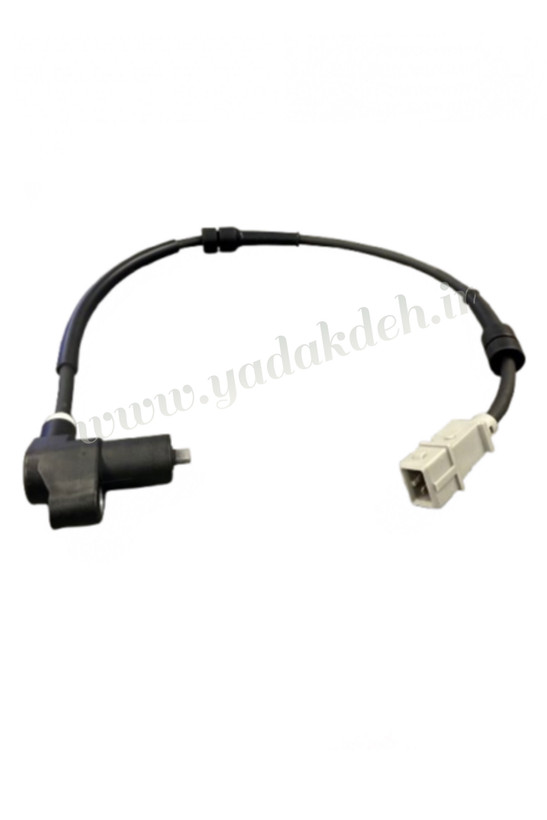 حسگر سرعت چرخ جلو، سیاه رنگ، با یک کابل متصل که به یک کانکتور پلاستیکی سفید ختم میشود.