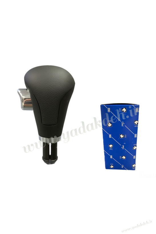سرِ دسته دنده هایما S7 و S5 اتومات طرح فابریک در کنار جعبه آبی اصلی هایما – قطعه اصلی با روکش مشکی و دکمه کرومی، عرضهشده توسط فروشگاه یدکده