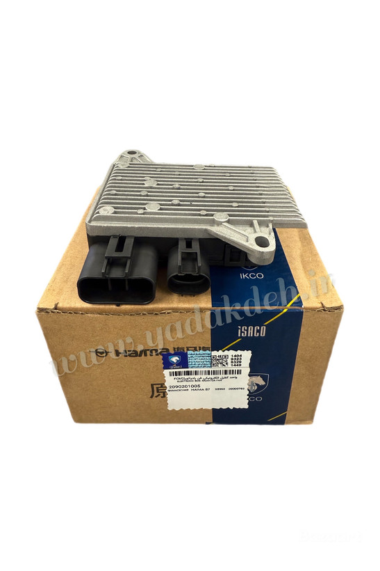 alt="ECU یونیت فن رادیاتور هایما S7 توربو ایساکو اصلی روی جعبه اورجینال با کد فنی 2090201005 و لیبل اصالت یدکده"